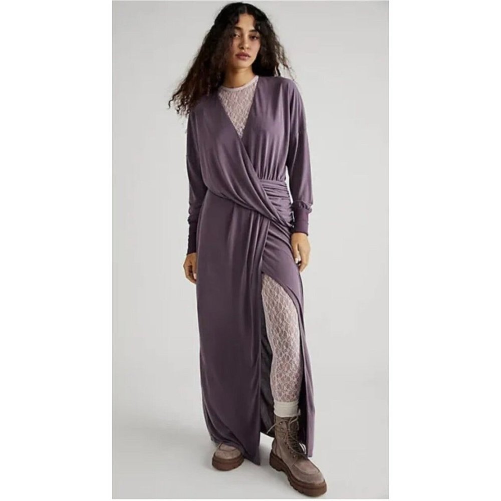 Free People Riley Cupra Long Sleeve Faux Wrap Maxi Dress Plum Size Small